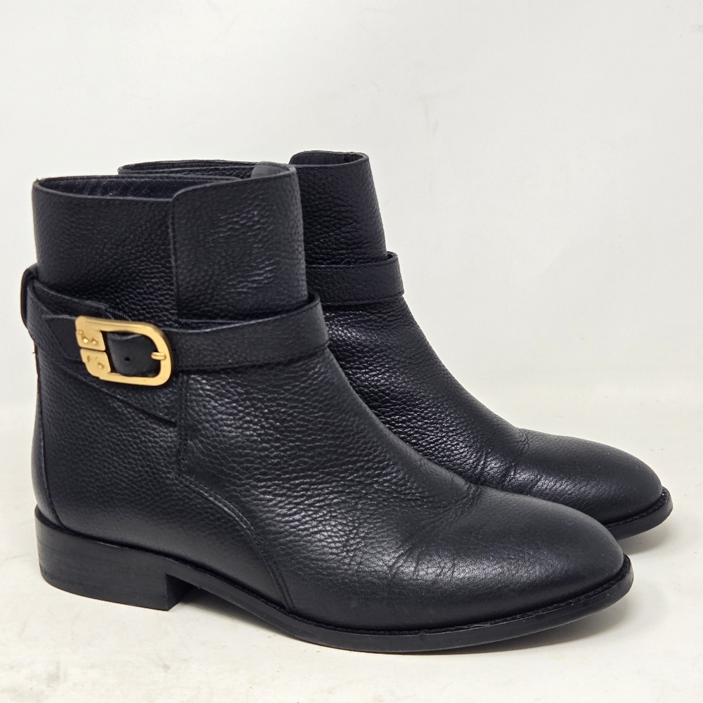 TORY BURCH Women's Black Leather Brooke Ankle Bootie Boots Size 8.5 Gold Logo
